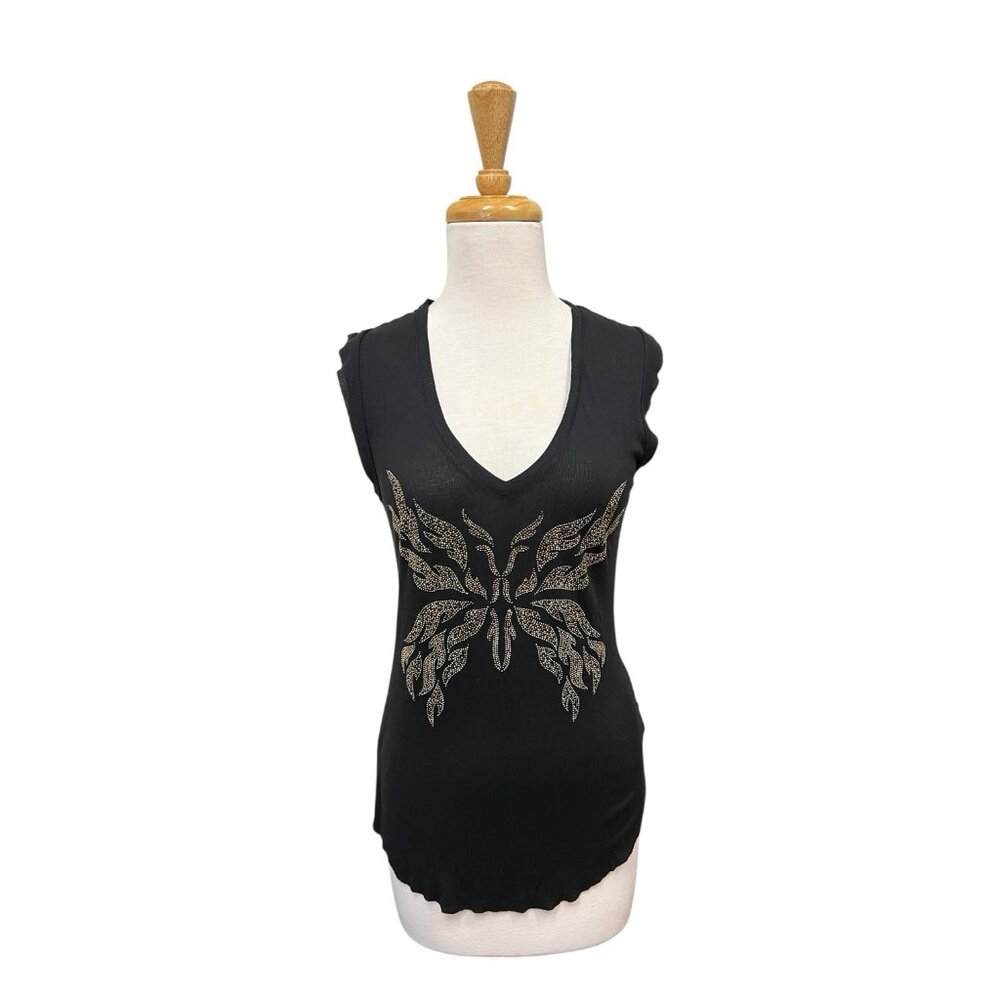 Zadig & Voltaire Brooklyn Gray Rhinestone Embellished Butterfly Tank Top Size S